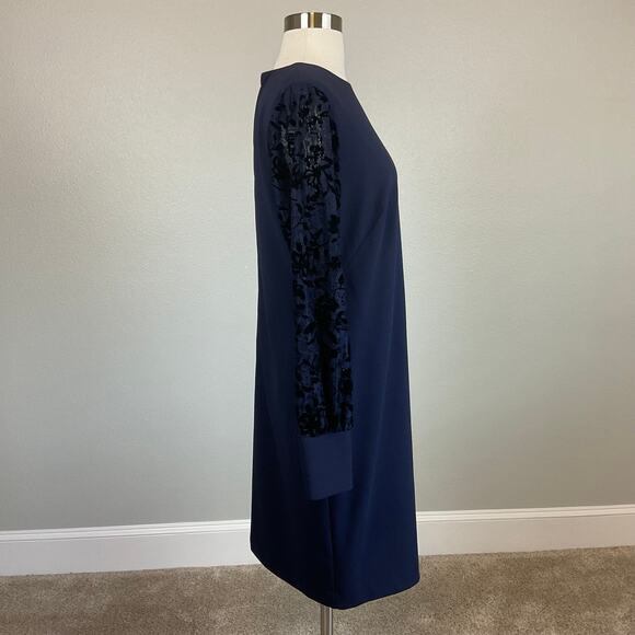 Ralph Lauren Long Sleeve Cocktail Dress Blue Size 6 Lace and Velvet Sheath - Picture 3 of 12